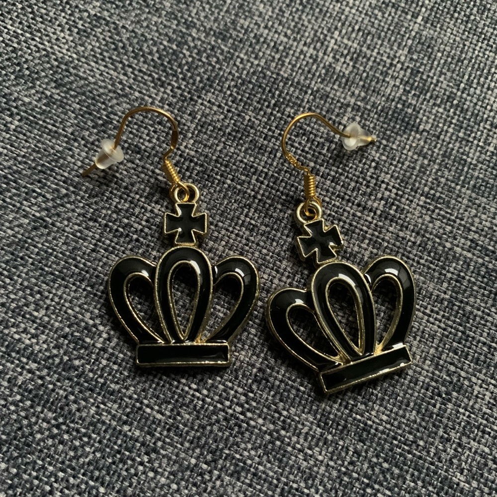 black enamel crown earrings.
